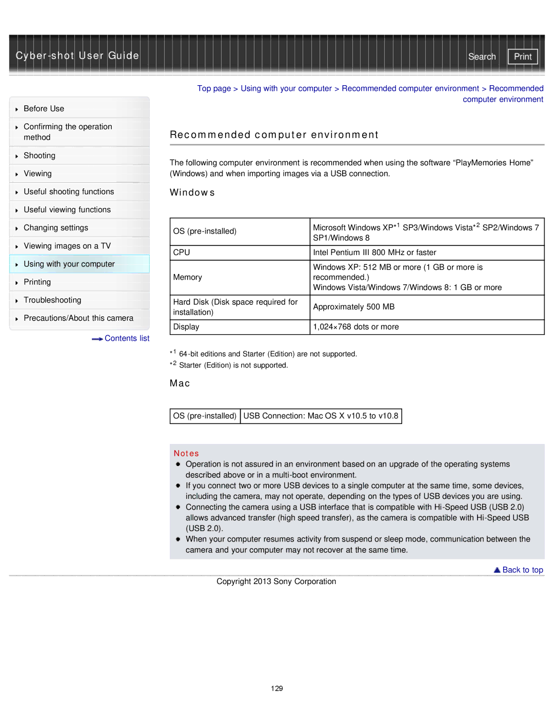 Sony DSCTF1/R, DSC-TF1/LC, DSCTF1B, DSCTF1/B, DSCTF1/L, DSCTF1R, DSCTF1L manual Recommended computer environment, Windows, Mac 