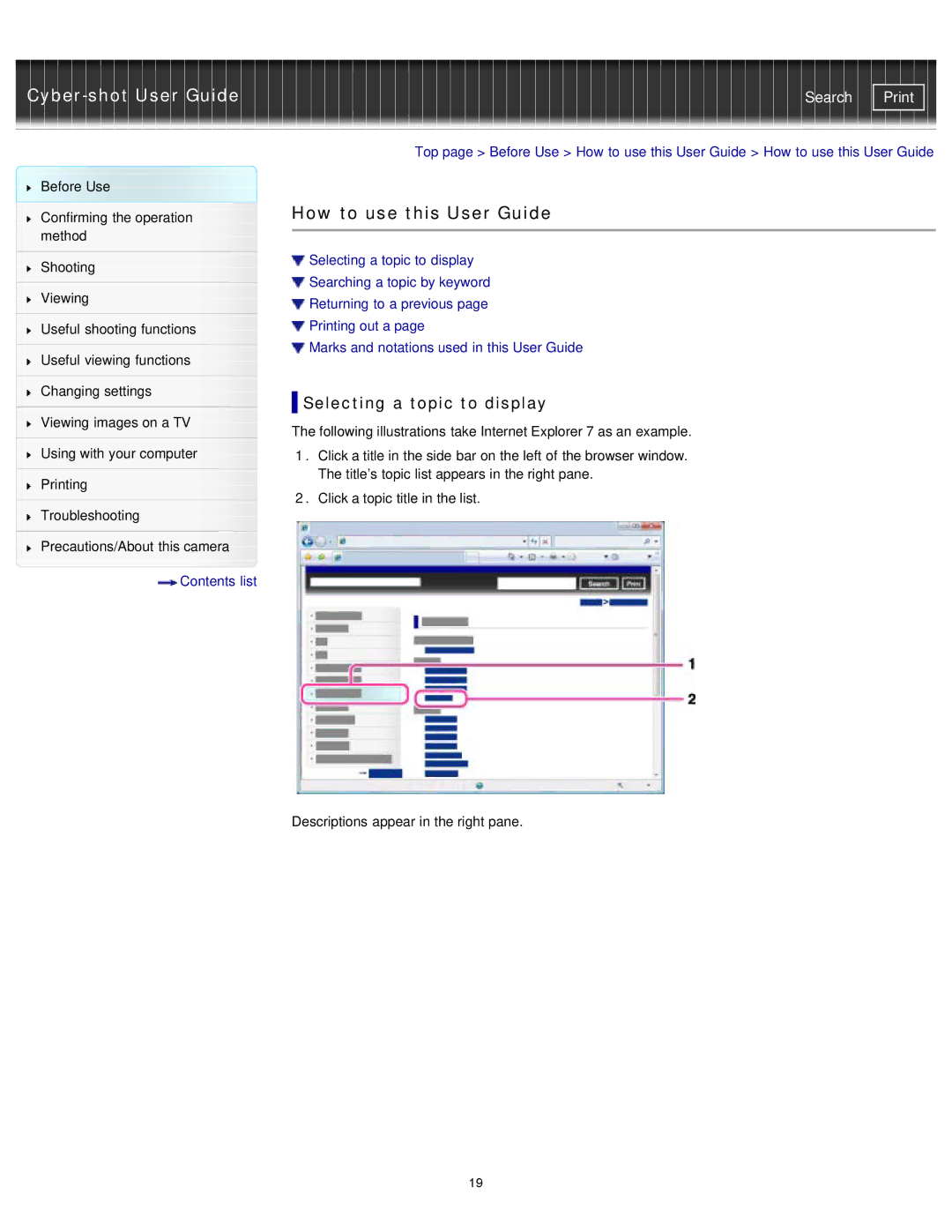 Sony DSCTF1R, DSC-TF1/LC, DSCTF1B, DSCTF1/B, DSCTF1/R, DSCTF1/L manual How to use this User Guide, Selecting a topic to display 