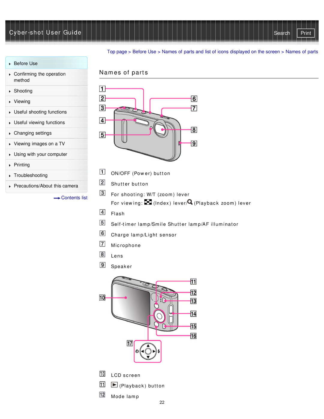 Sony DSCTF1B, DSC-TF1/LC, DSCTF1/B, DSCTF1/R, DSCTF1/L, DSCTF1R, DSCTF1L manual Names of parts 