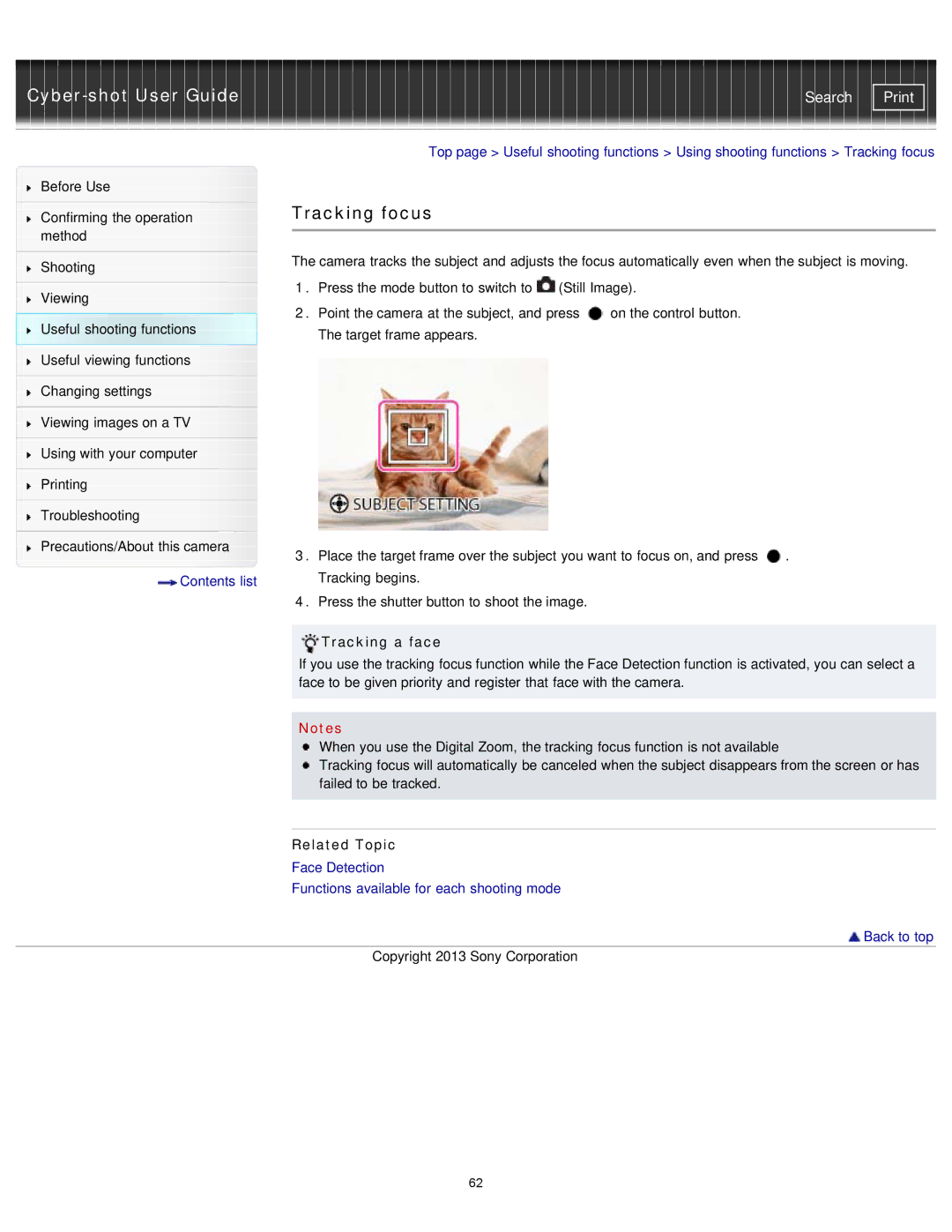 Sony DSCTF1L, DSC-TF1/LC, DSCTF1B, DSCTF1/B, DSCTF1/R, DSCTF1/L, DSCTF1R manual Tracking a face, Related Topic 