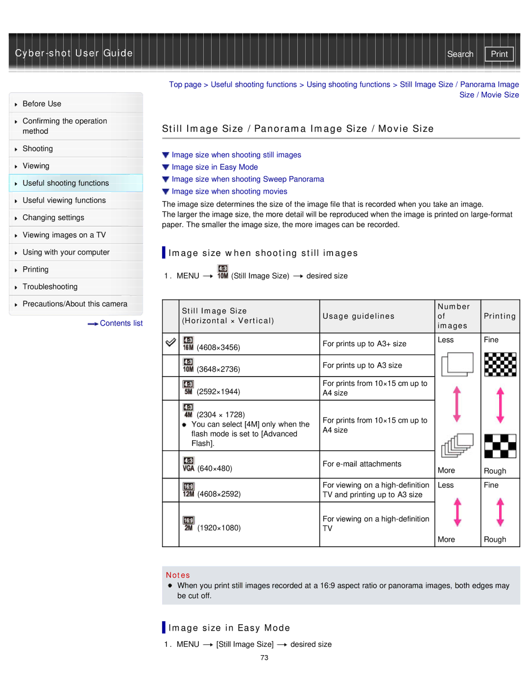 Sony DSCTF1/R, DSC-TF1/LC manual Still Image Size / Panorama Image Size / Movie Size, Image size when shooting still images 