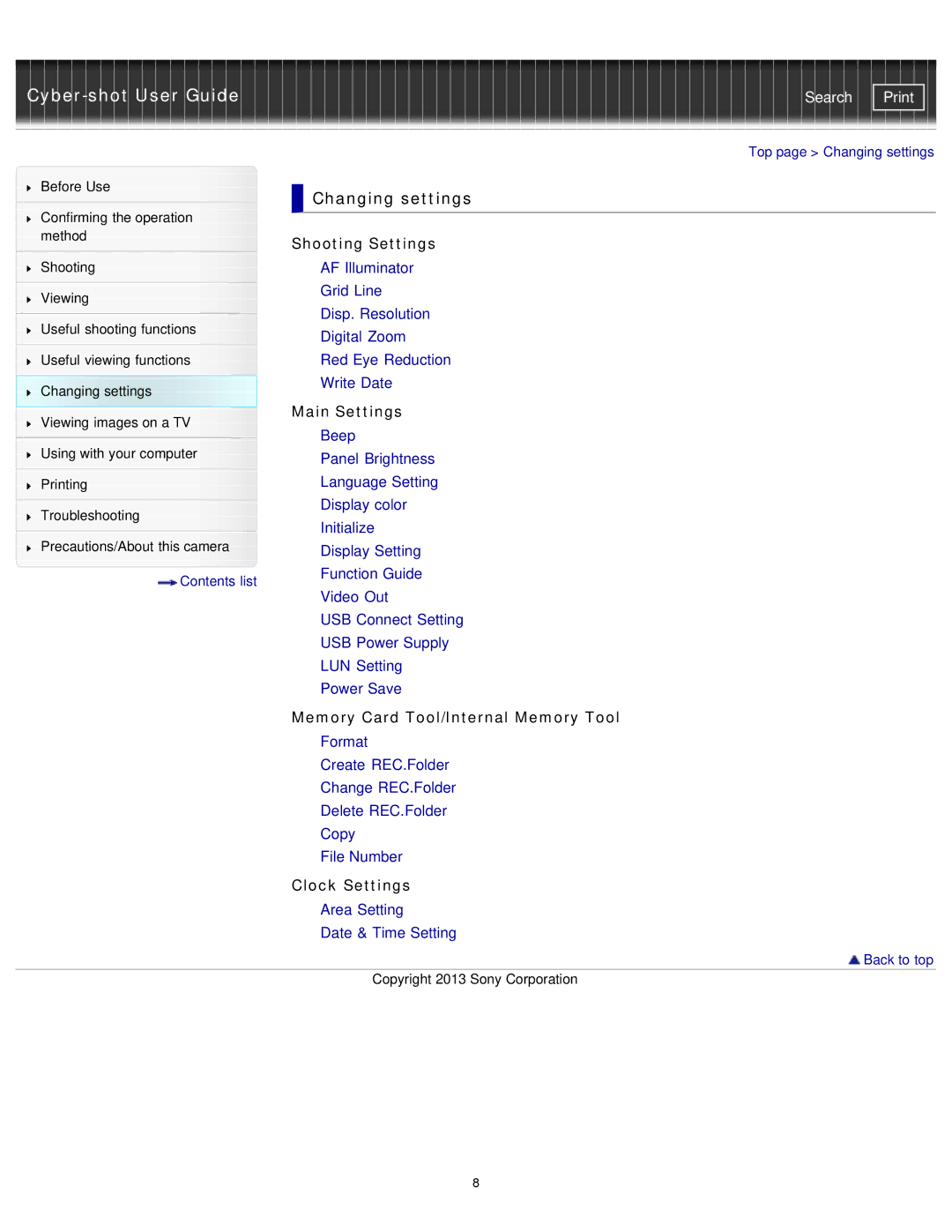 Sony DSCTF1B Changing settings, Shooting Settings, Main Settings, Memory Card Tool/Internal Memory Tool, Clock Settings 