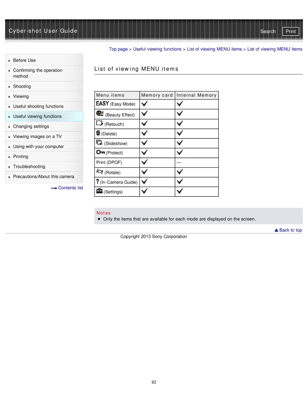 Sony DSCTF1B, DSC-TF1/LC, DSCTF1/B, DSCTF1/R, DSCTF1/L List of viewing Menu items, Menu items Memory card Internal Memory 