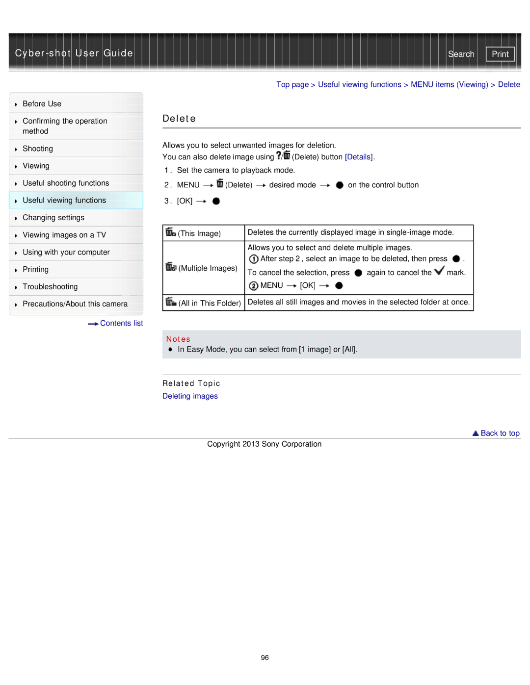 Sony DSCTF1R, DSC-TF1/LC, DSCTF1B, DSCTF1/B, DSCTF1/R, DSCTF1/L, DSCTF1L manual Deleting images Back to top 