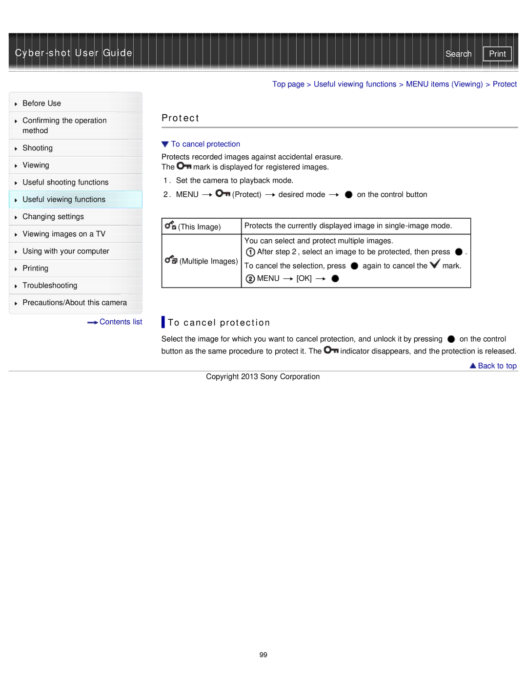 Sony DSCTF1B, DSC-TF1/LC, DSCTF1/B, DSCTF1/R, DSCTF1/L, DSCTF1R, DSCTF1L manual Protect, To cancel protection 