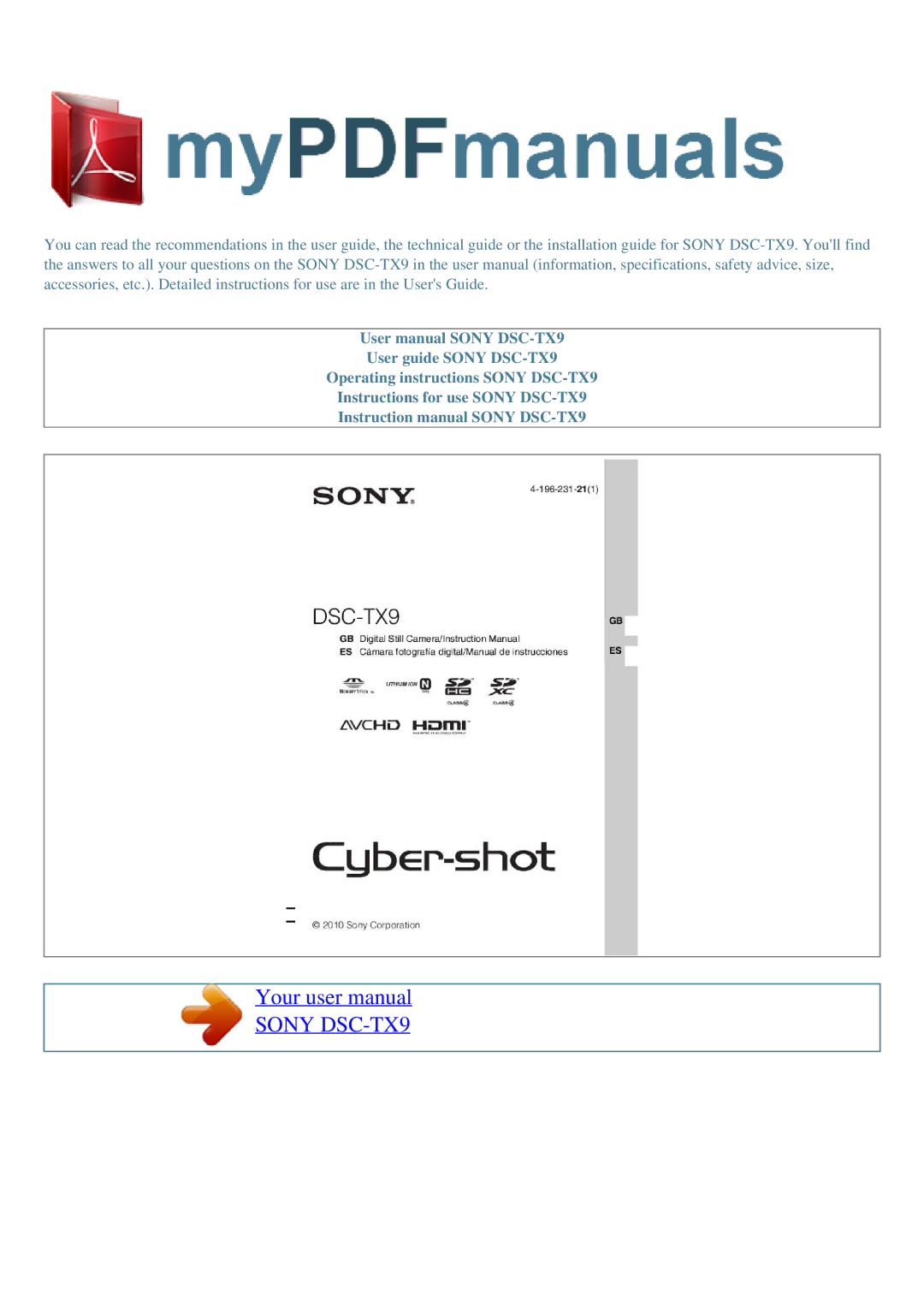 Sony user manual Sony DSC-TX9 