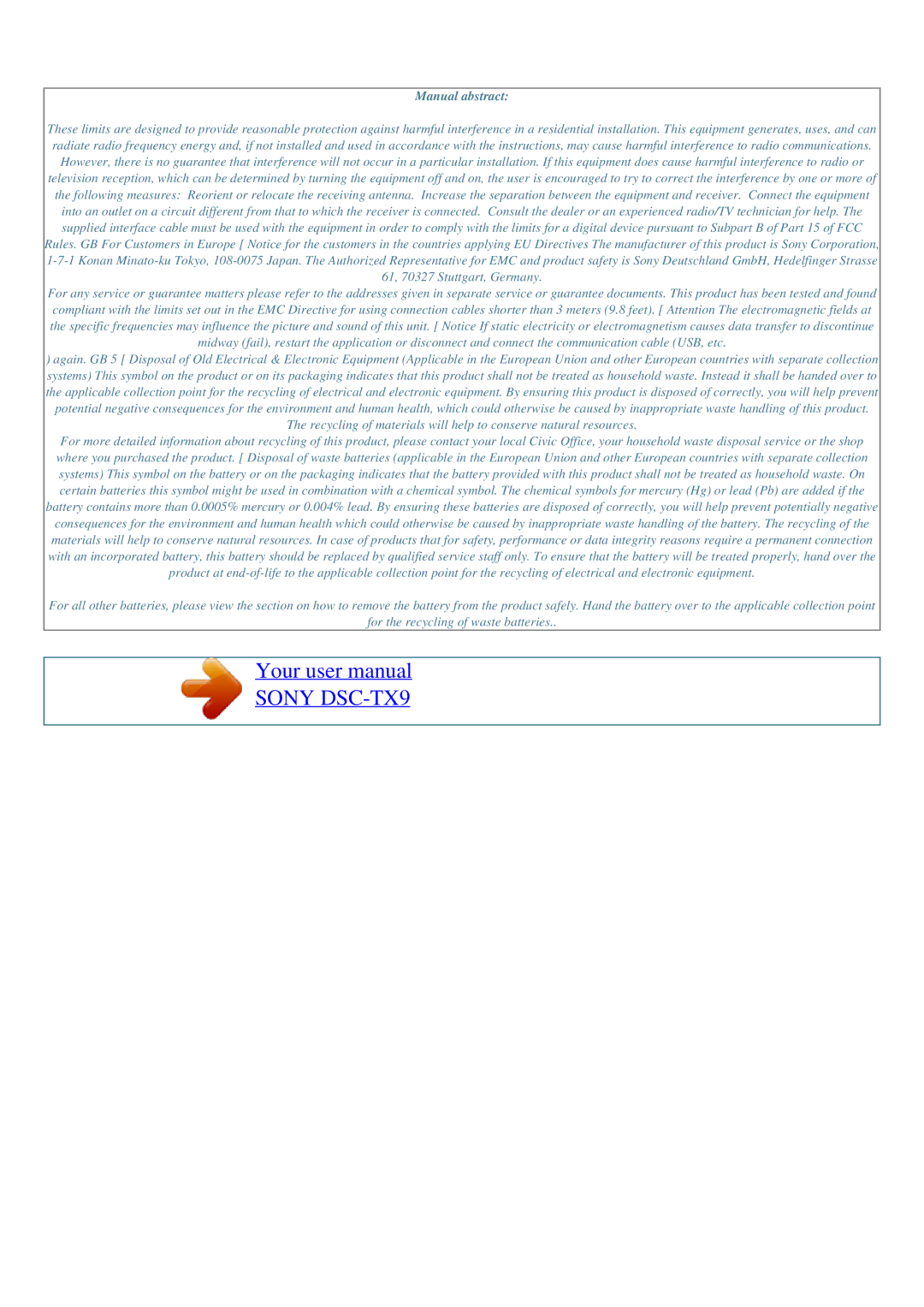 Sony DSC-TX9 user manual Manual abstract 