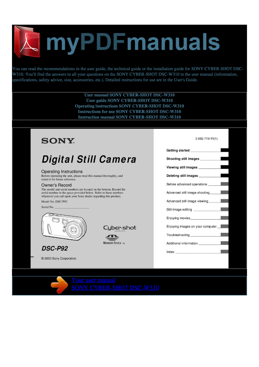 Sony user manual Your user manual SONY CYBER-SHOT DSC-W310 