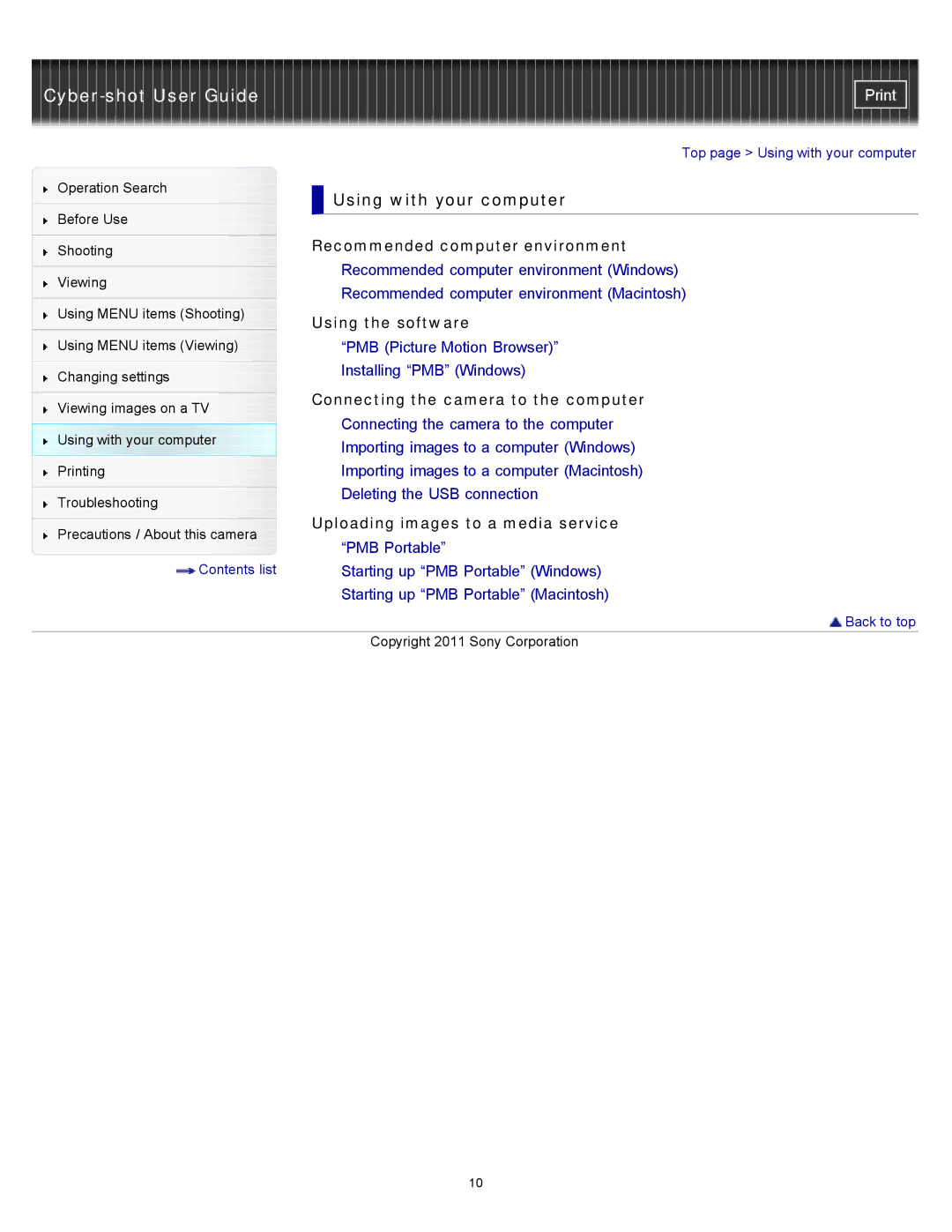 Sony DSC-W510 manual Using with your computer, Recommended computer environment, Using the software 