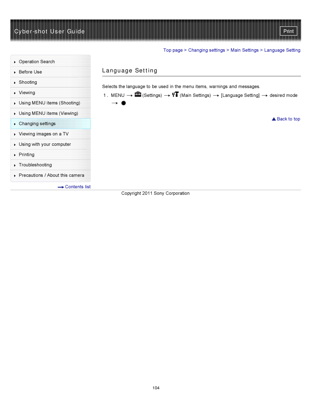 Sony DSC-W510 manual Language Setting 