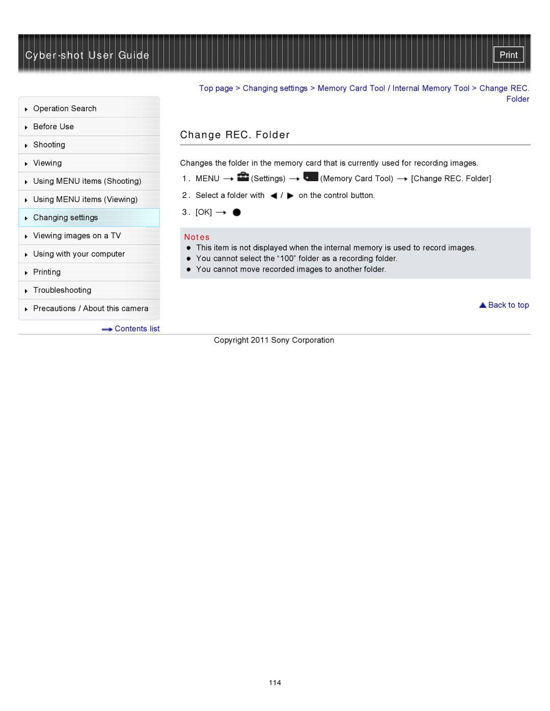 Sony DSC-W510 manual Change REC. Folder 