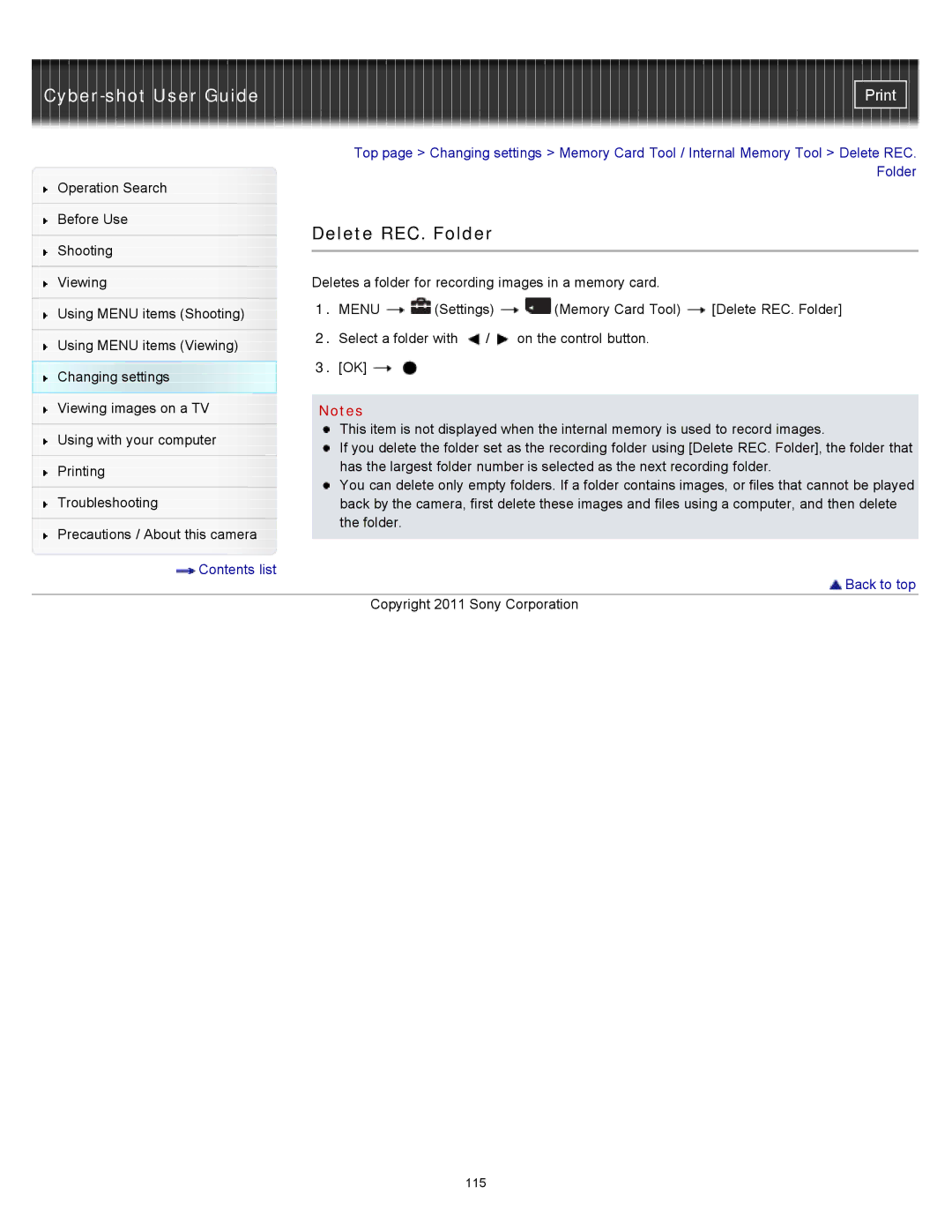 Sony DSC-W510 manual Delete REC. Folder 