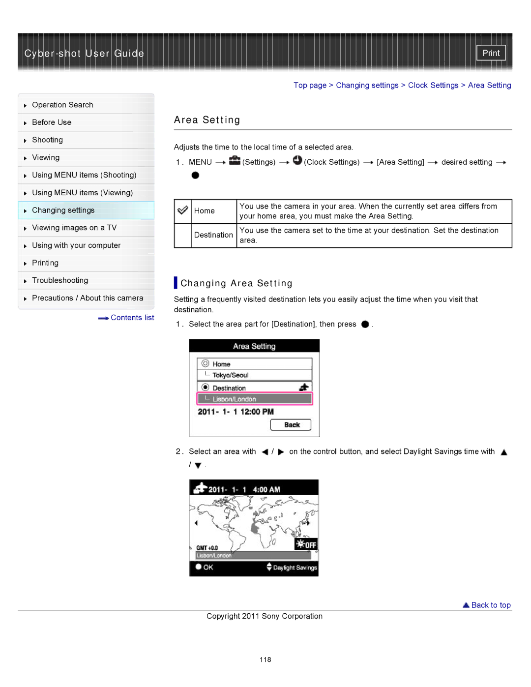 Sony DSC-W510 manual Changing Area Setting 