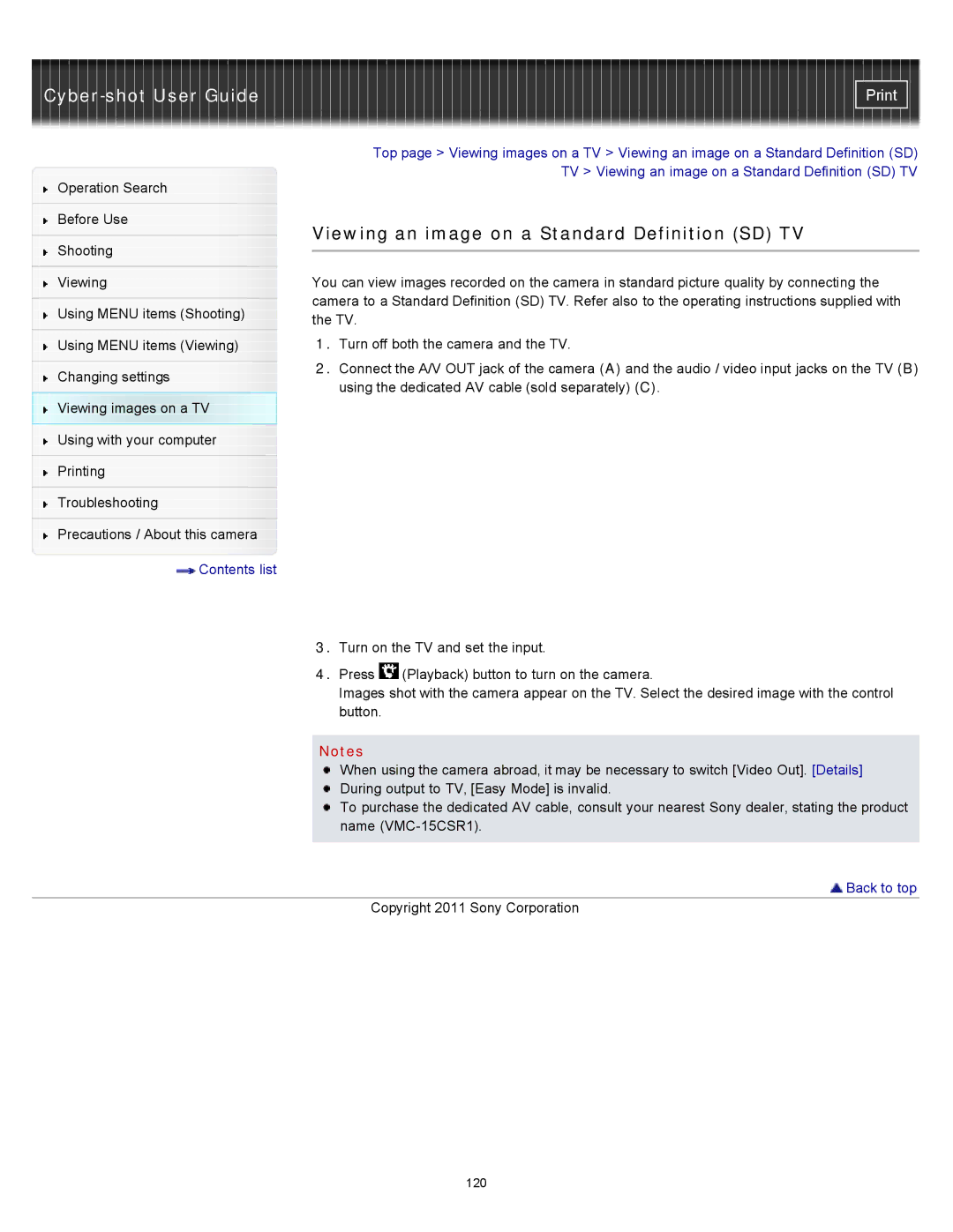 Sony DSC-W510 manual Viewing an image on a Standard Definition SD TV 