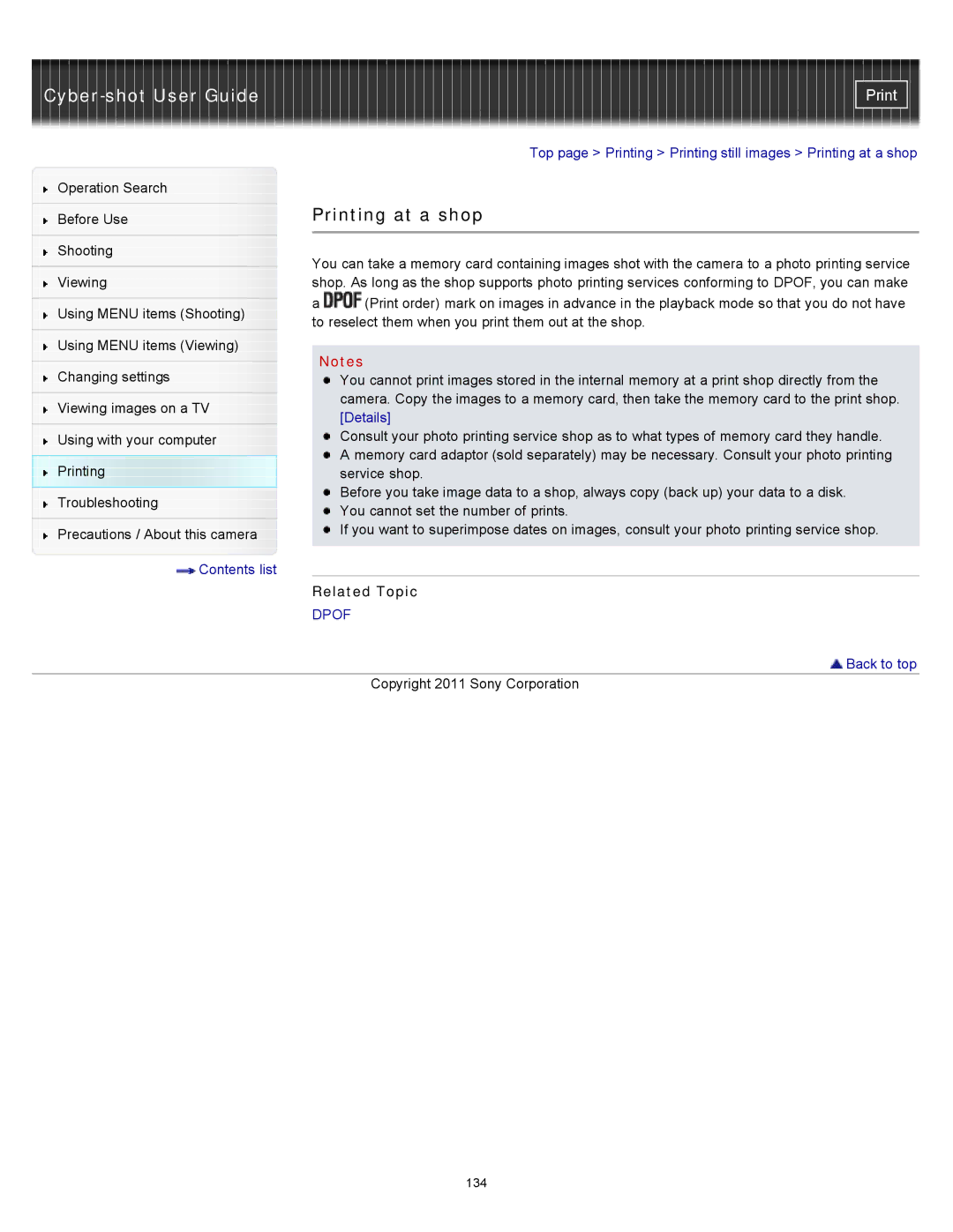 Sony DSC-W510 manual Printing at a shop, Related Topic 