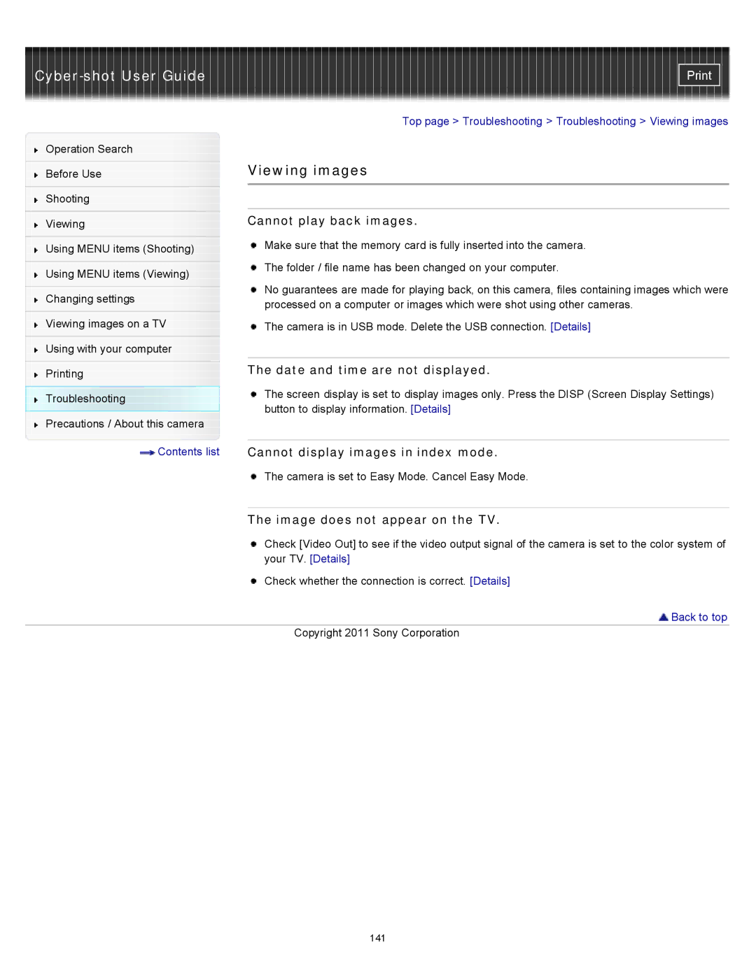 Sony DSC-W510 Viewing images, Cannot play back images, Date and time are not displayed, Image does not appear on the TV 