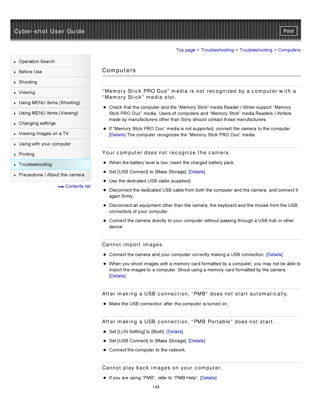 Sony DSC-W510 manual Computers, Your computer does not recognize the camera, Cannot import images 