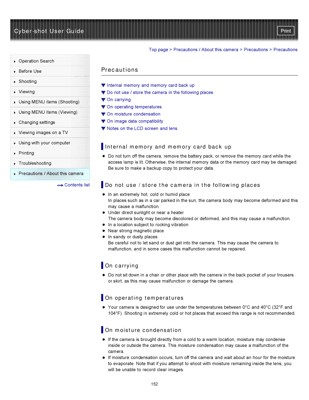 Sony DSC-W510 manual Precautions 