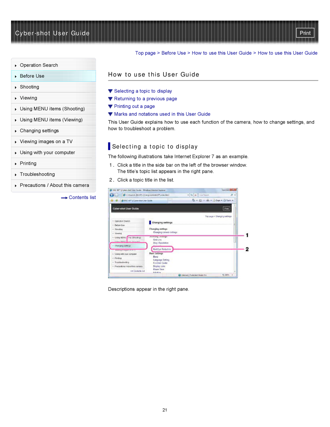 Sony DSC-W510 manual How to use this User Guide, Selecting a topic to display 