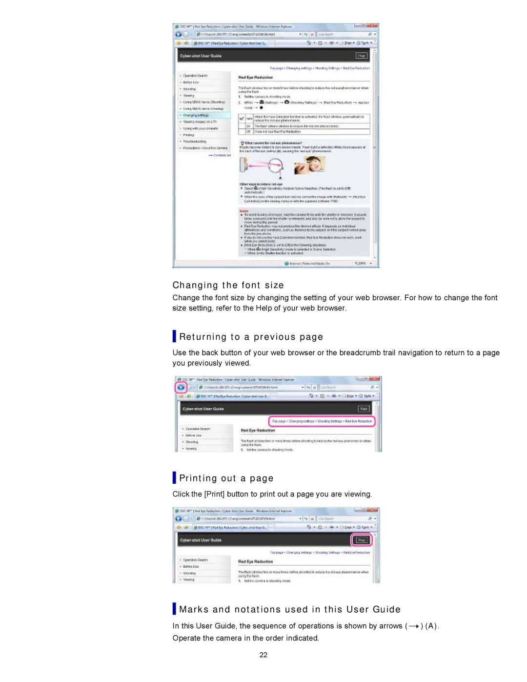 Sony DSC-W510 Changing the font size, Returning to a previous, Printing out a, Marks and notations used in this User Guide 