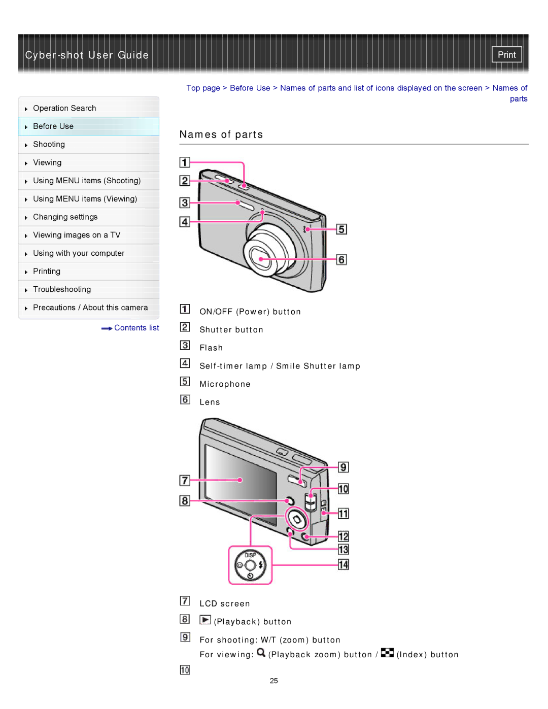 Sony DSC-W510 manual Names of parts 