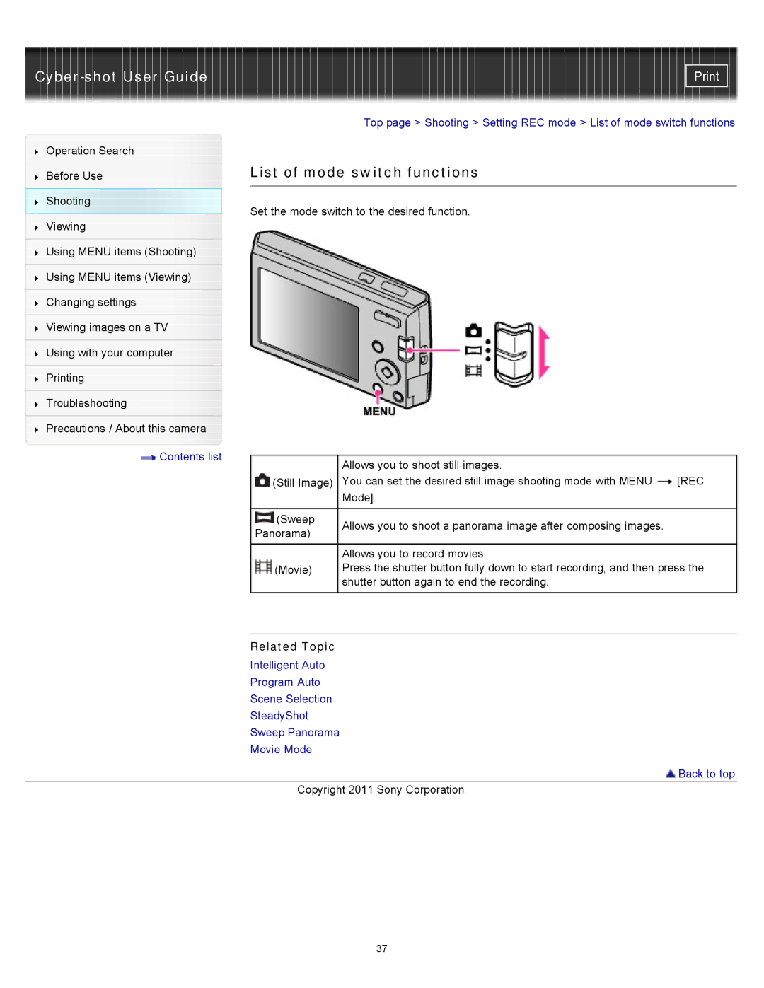 Sony DSC-W510 manual List of mode switch functions 