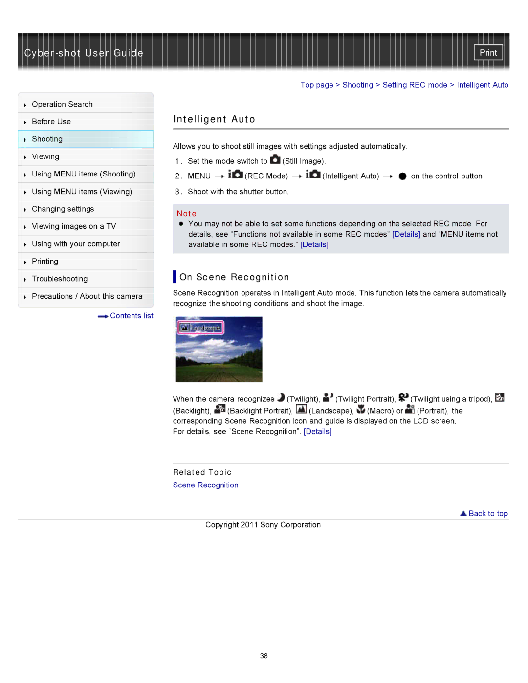 Sony DSC-W510 manual Intelligent Auto, On Scene Recognition 