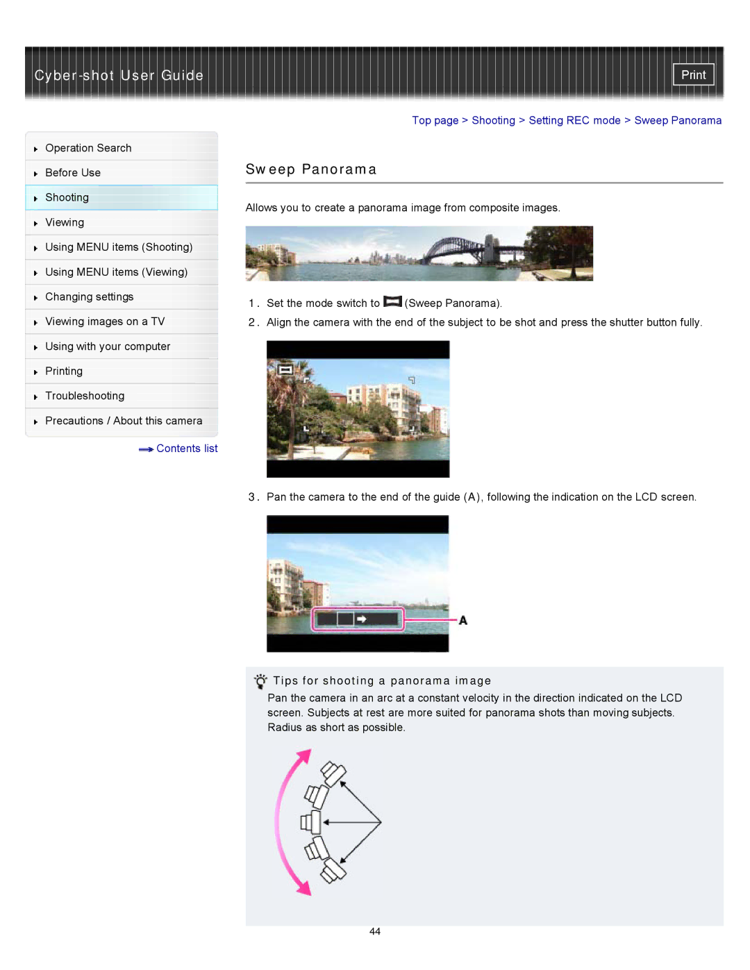 Sony DSC-W510 manual Sweep Panorama, Tips for shooting a panorama image 