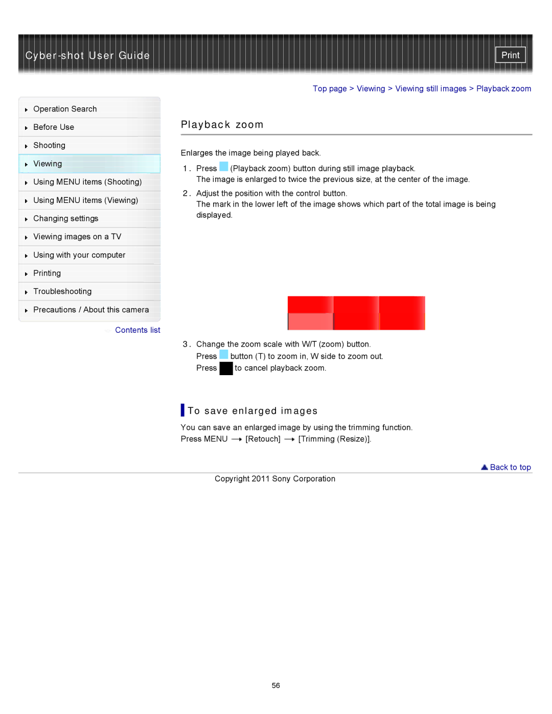 Sony DSC-W510 manual Playback zoom, To save enlarged images 