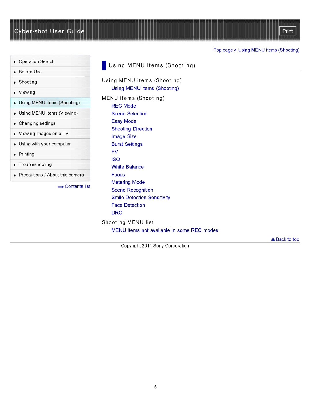 Sony DSC-W510 manual Using Menu items Shooting, Shooting Menu list 