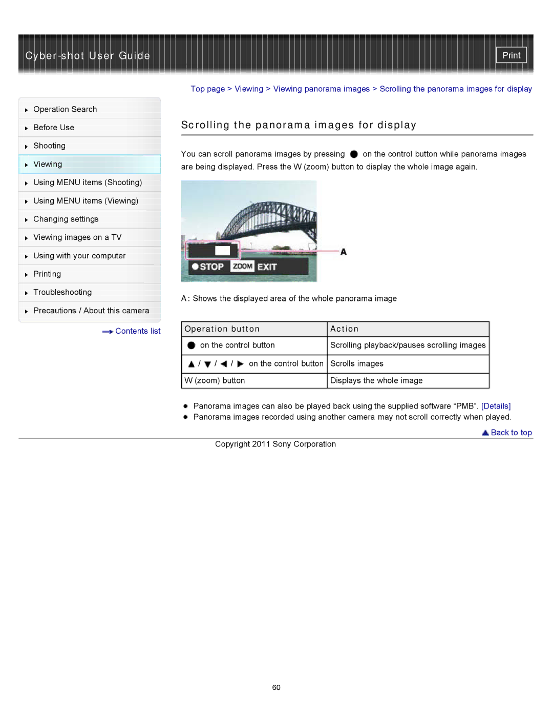 Sony DSC-W510 manual Scrolling the panorama images for display, Operation button Action 