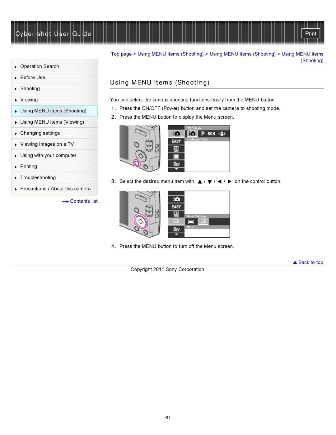 Sony DSC-W510 manual Using Menu items Shooting 