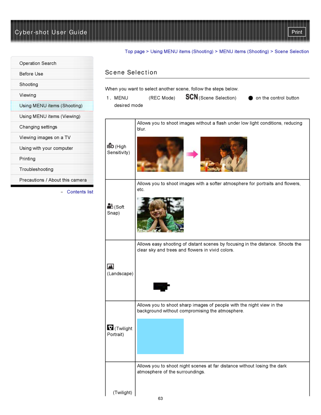 Sony DSC-W510 manual Scene Selection 