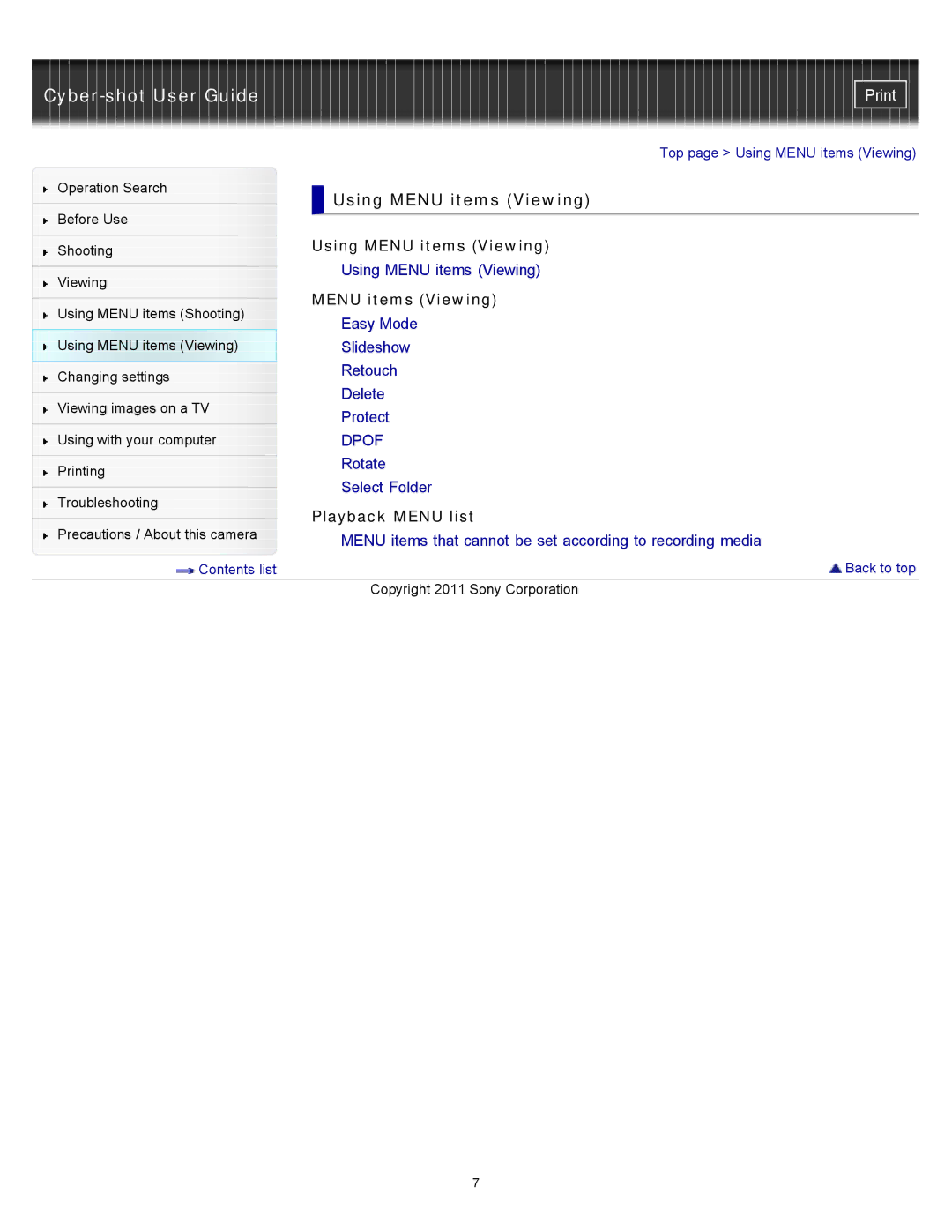 Sony DSC-W510 manual Using Menu items Viewing, Playback Menu list 