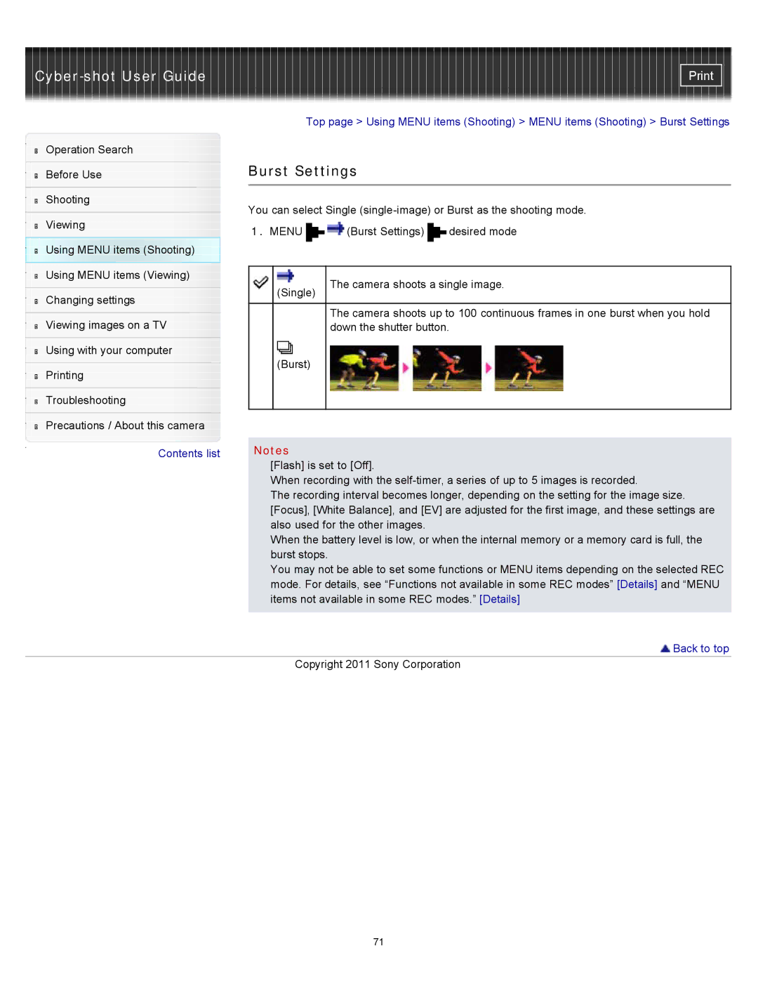 Sony DSC-W510 manual Burst Settings 