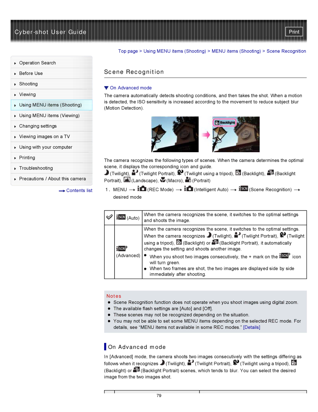 Sony DSC-W510 manual Scene Recognition, On Advanced mode 