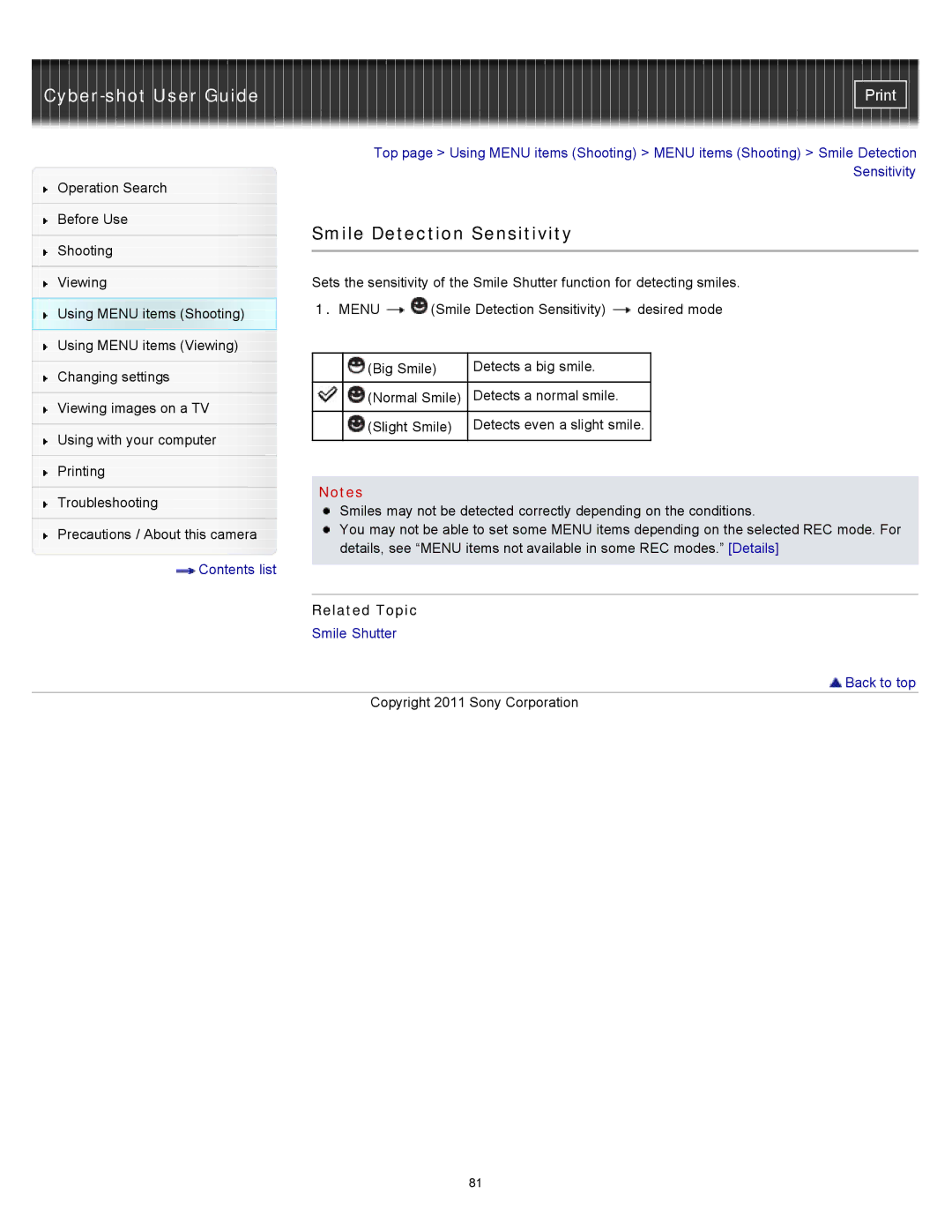 Sony DSC-W510 manual Smile Detection Sensitivity, Related Topic 