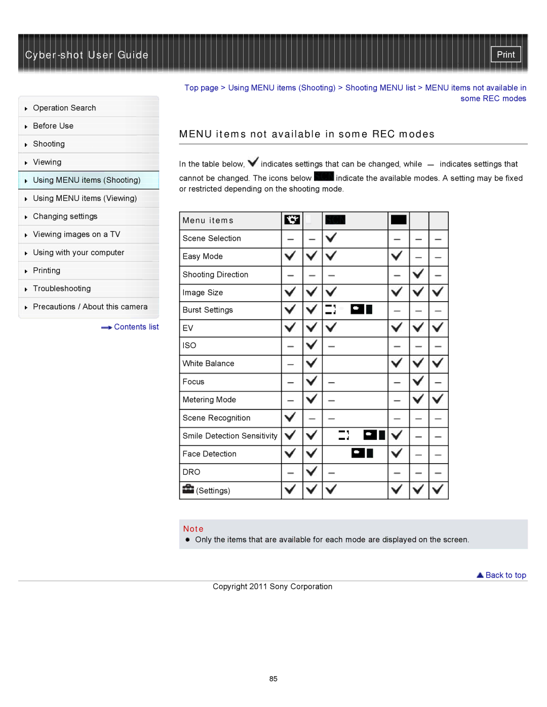 Sony DSC-W510 manual Menu items not available in some REC modes 