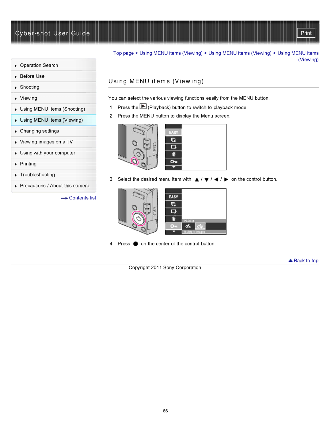 Sony DSC-W510 manual Using Menu items Viewing 