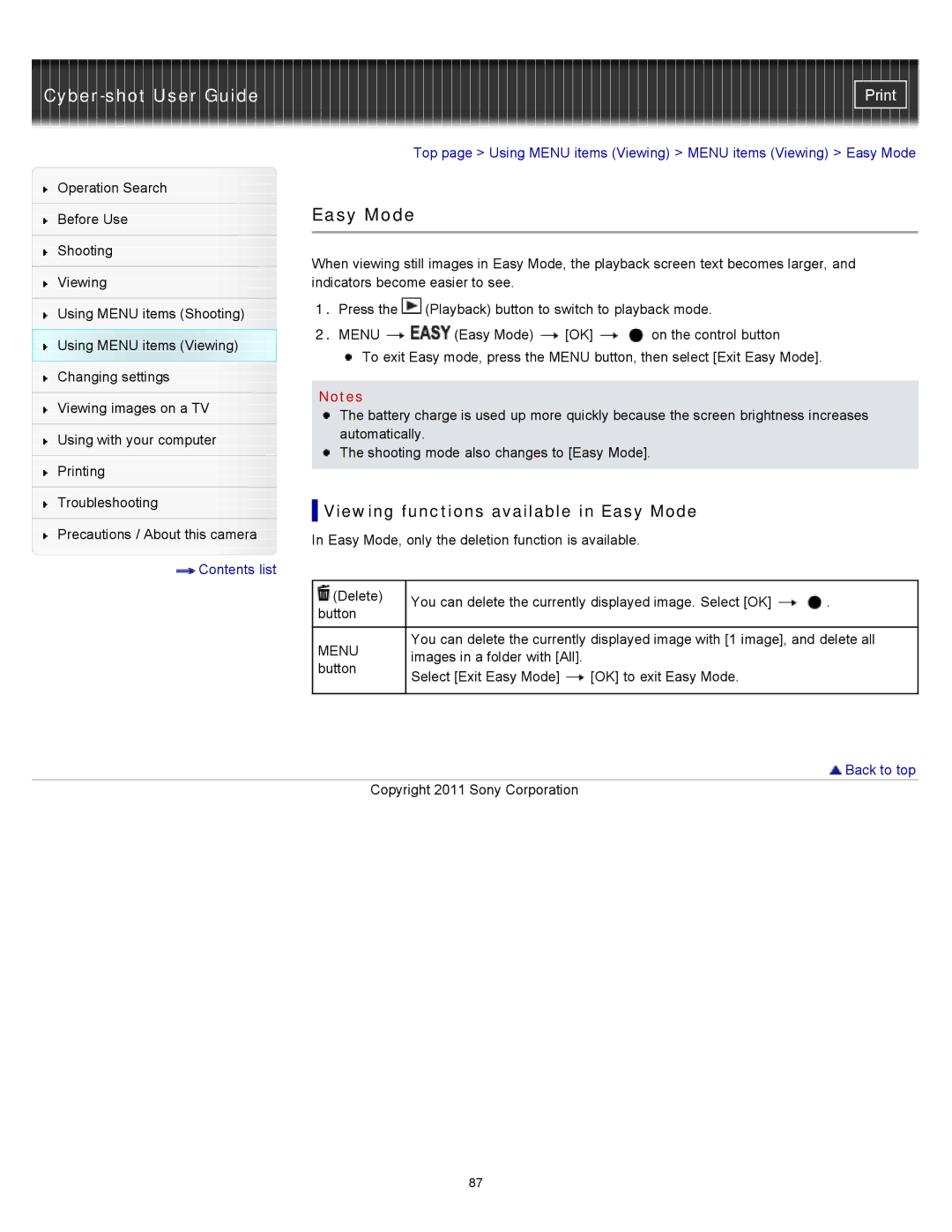 Sony DSC-W510 manual Viewing functions available in Easy Mode 