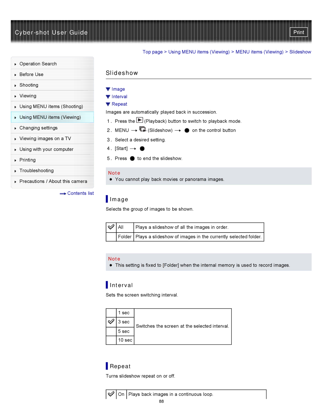 Sony DSC-W510 manual Slideshow, Image, Interval, Repeat 