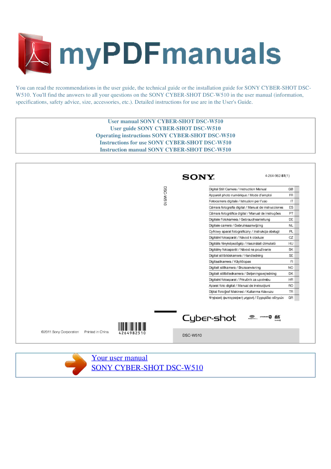 Sony user manual Sony CYBER-SHOTDSC-W510 