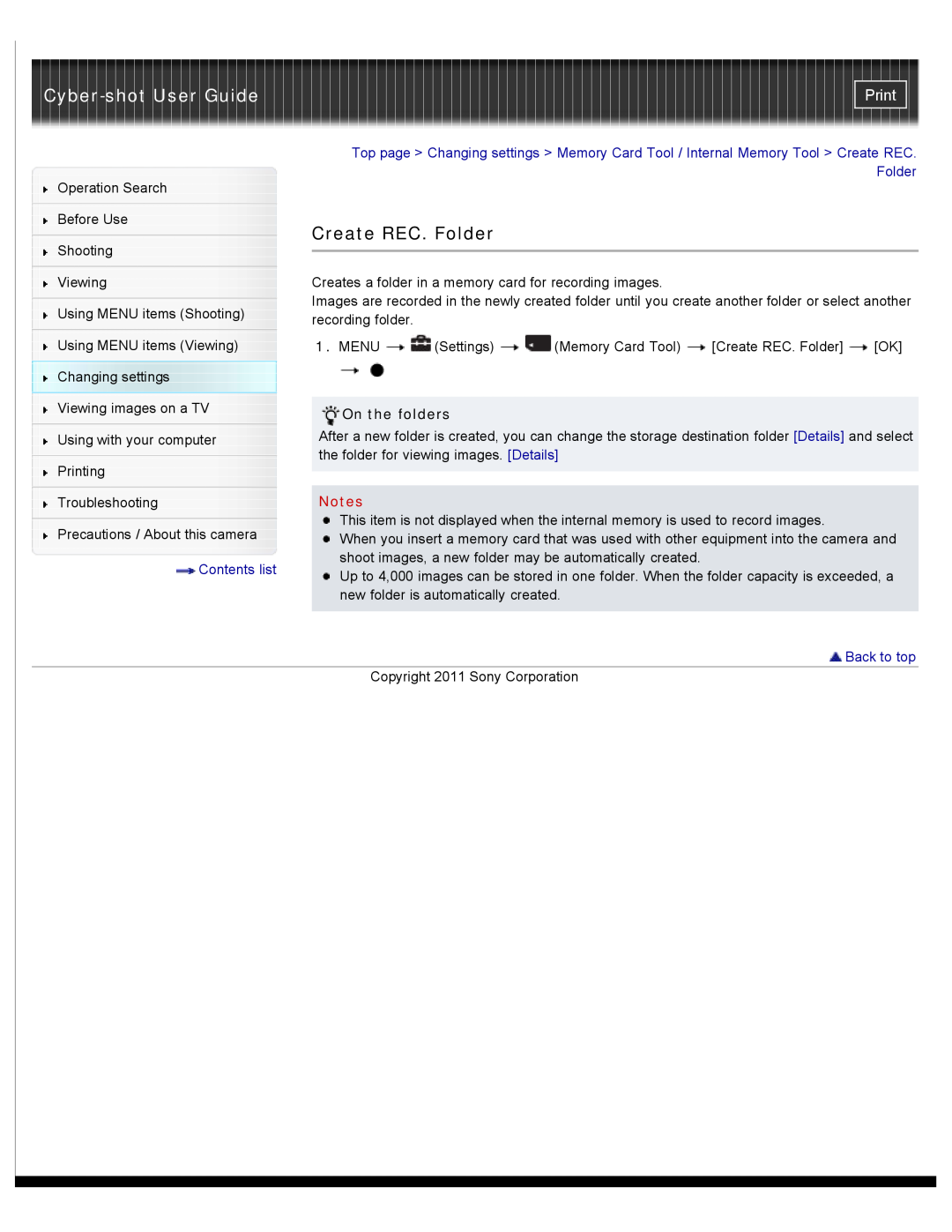 Sony DSC-W510 manual Create REC. Folder, Cyber-shot User Guide, Print, On the folders, Back to top 