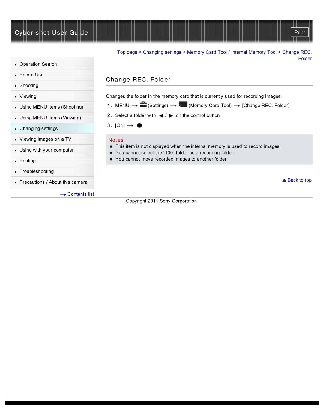 Sony DSC-W510 manual Change REC. Folder, Cyber-shot User Guide, Print, Back to top 
