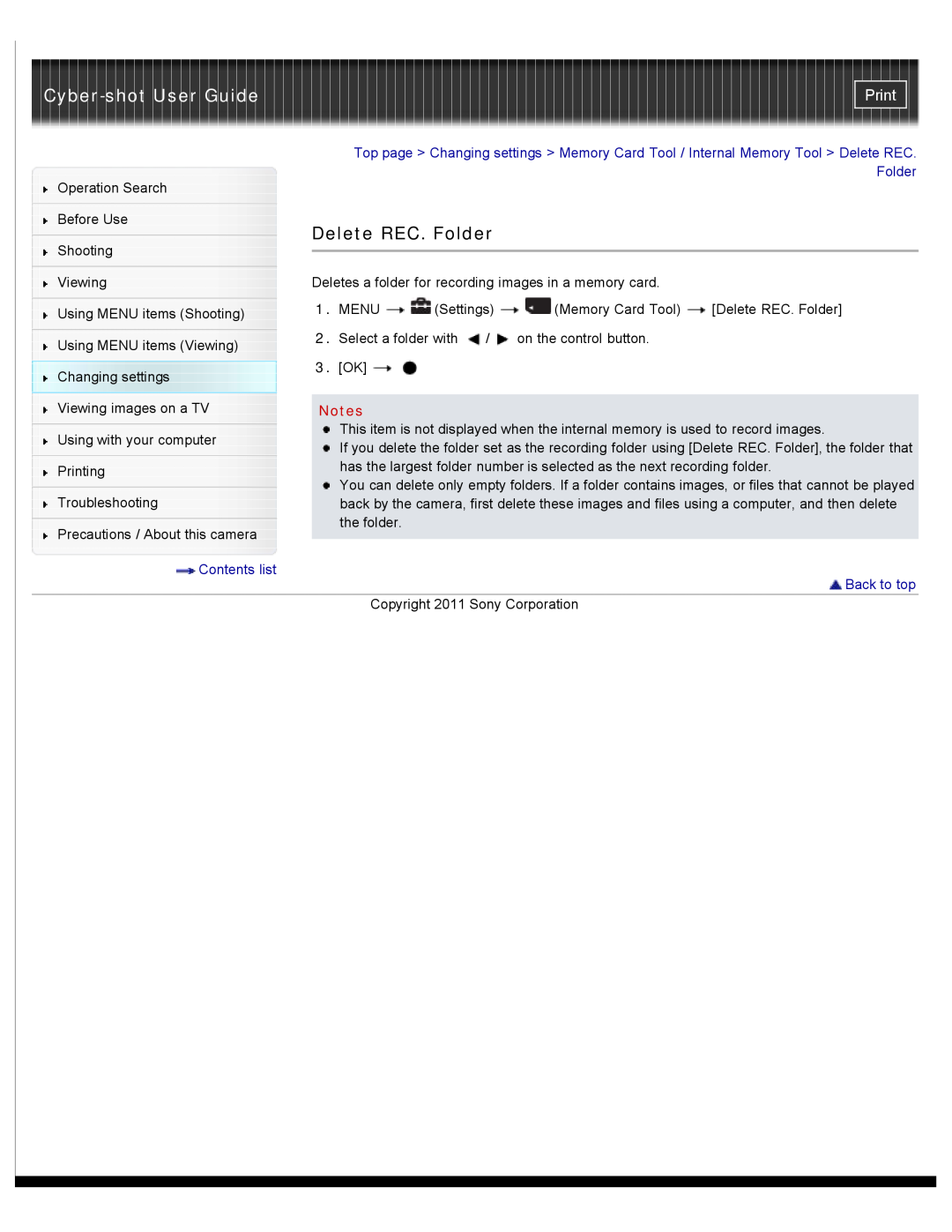 Sony DSC-W510 manual Delete REC. Folder, Cyber-shot User Guide, Print, Contents list Back to top 