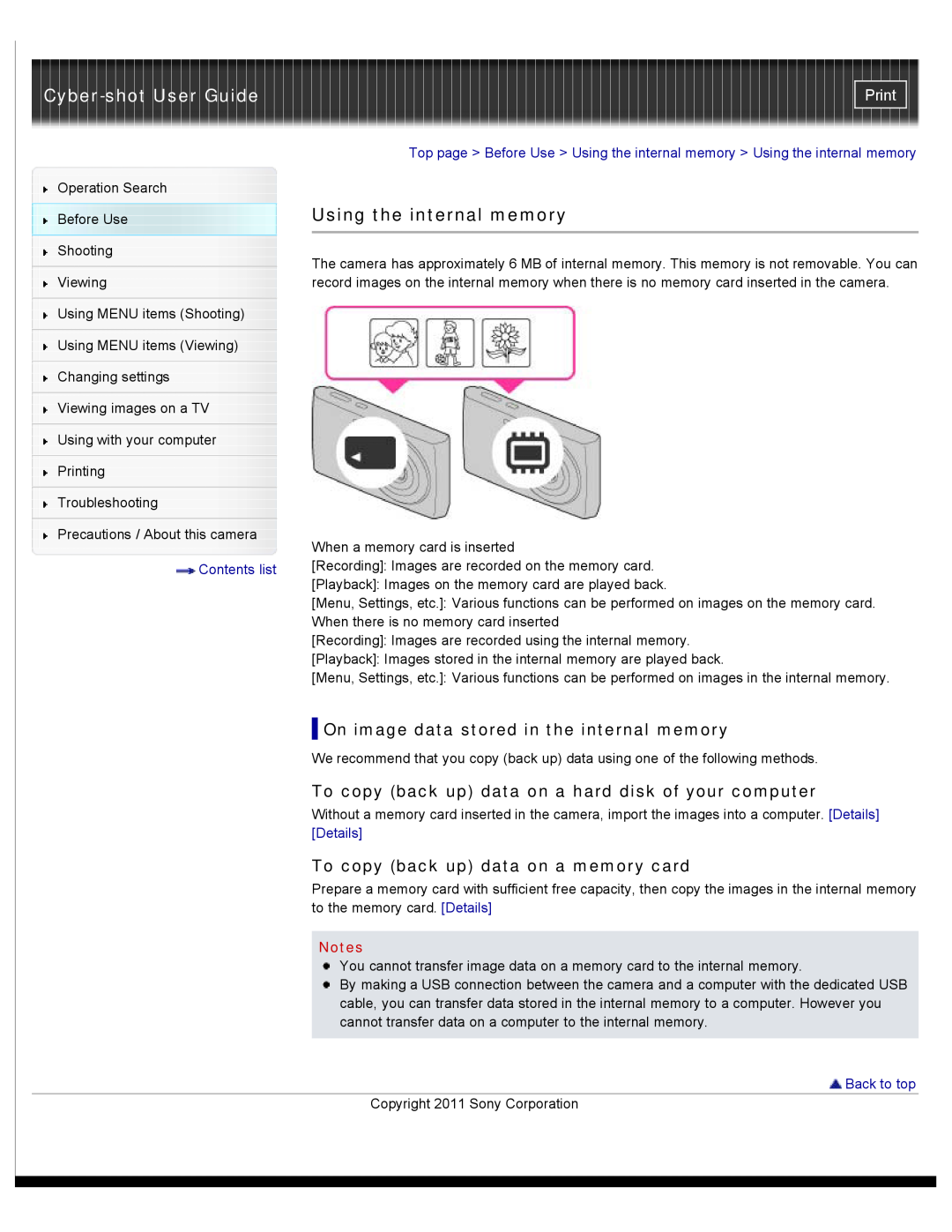 Sony DSC-W510 manual Using the internal memory, On image data stored in the internal memory, Cyber-shot User Guide, Print 