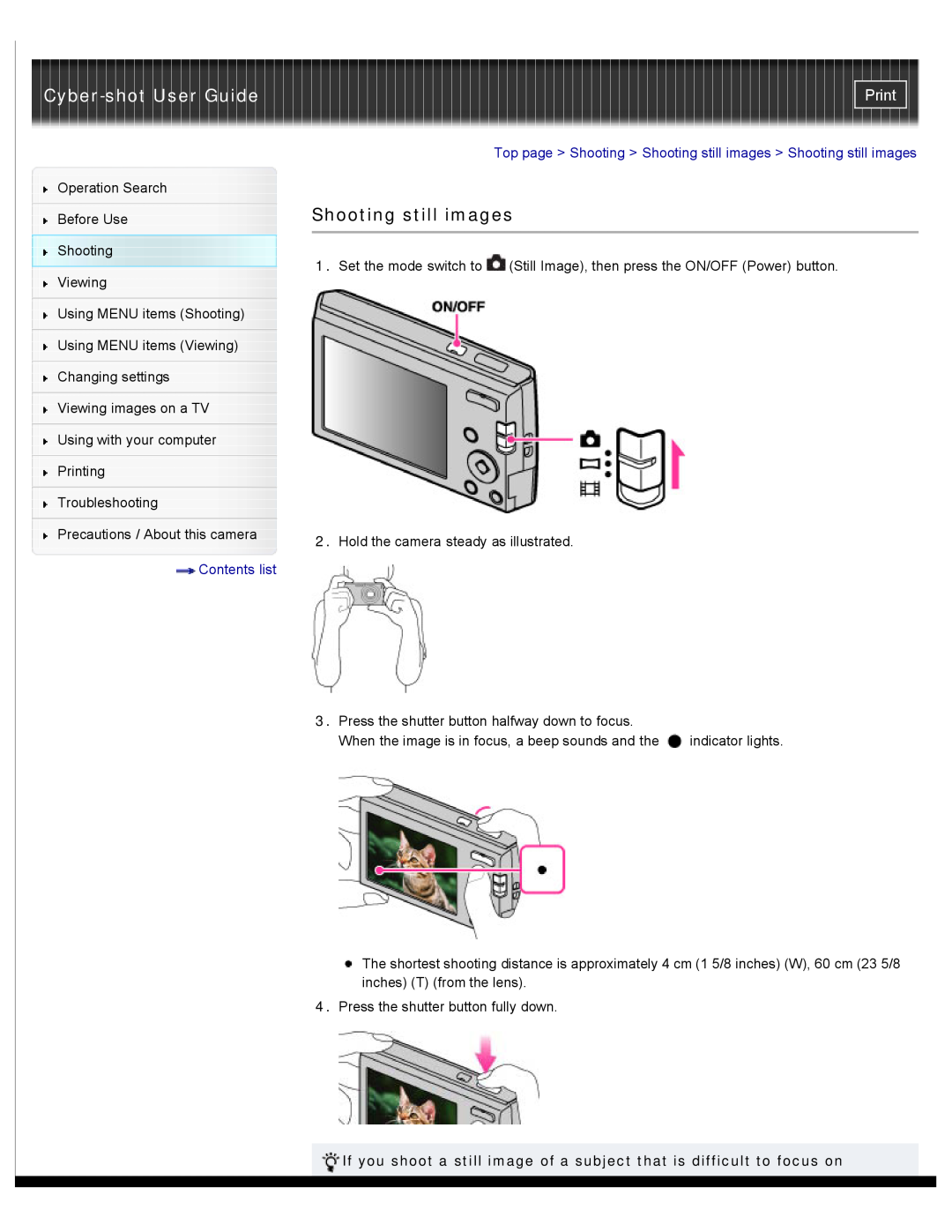 Sony DSC-W510 manual Shooting still images, Cyber-shot User Guide, Print, Contents list 