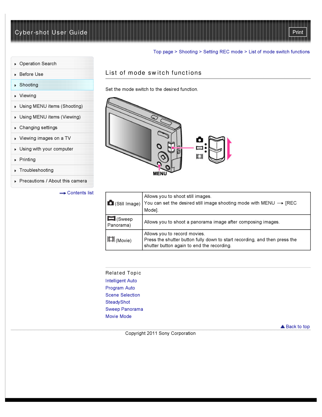Sony DSC-W510 manual List of mode switch functions, Cyber-shot User Guide, Print, Contents list, Related Topic 