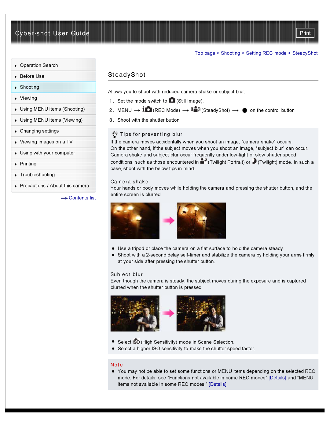 Sony DSC-W510 Cyber-shot User Guide, Print, Contents list, Top page Shooting Setting REC mode SteadyShot, Camera shake 