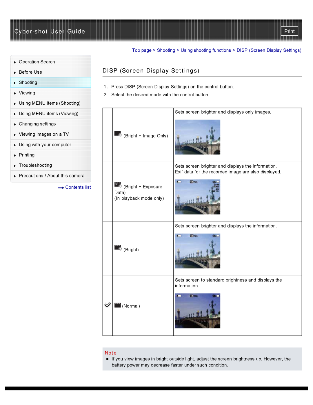 Sony DSC-W510 manual DISP Screen Display Settings, Cyber-shot User Guide, Print, Contents list 